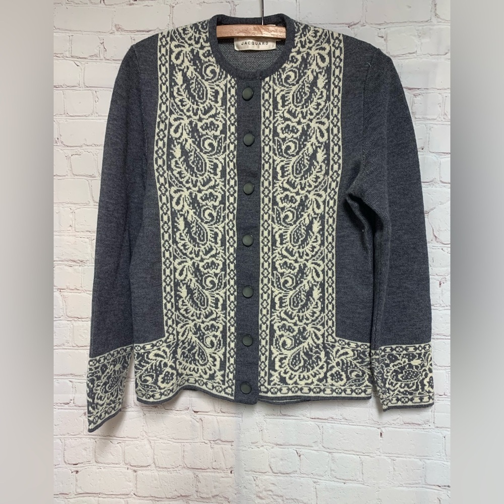 Vintage Catalina Jacquard Gray Cream Wool Knit Cardigan Size M
